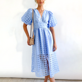 Beatrice puff sleeve V neck midi dress in Light Blue, view 4
