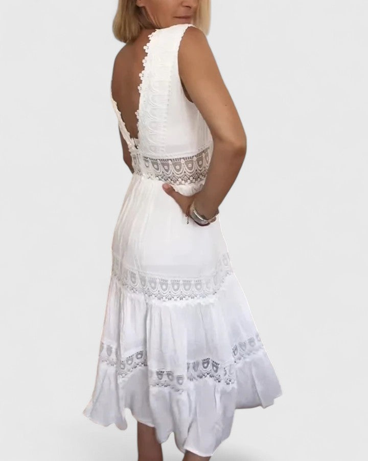 Alena lace V neck tiered midi dress, view 12
