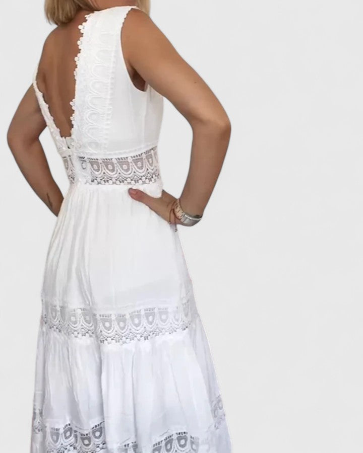 Alena lace V neck tiered midi dress, view 3