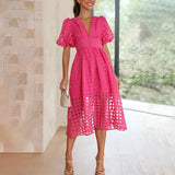 Beatrice puff sleeve V neck midi dress in Pink, view 8
