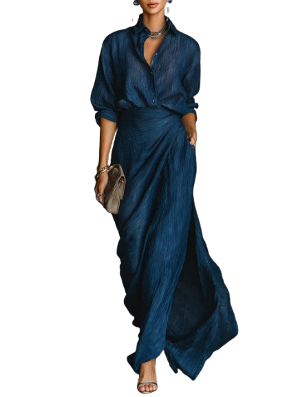 Cielo deep blue shirt and maxi skirt set, view 5