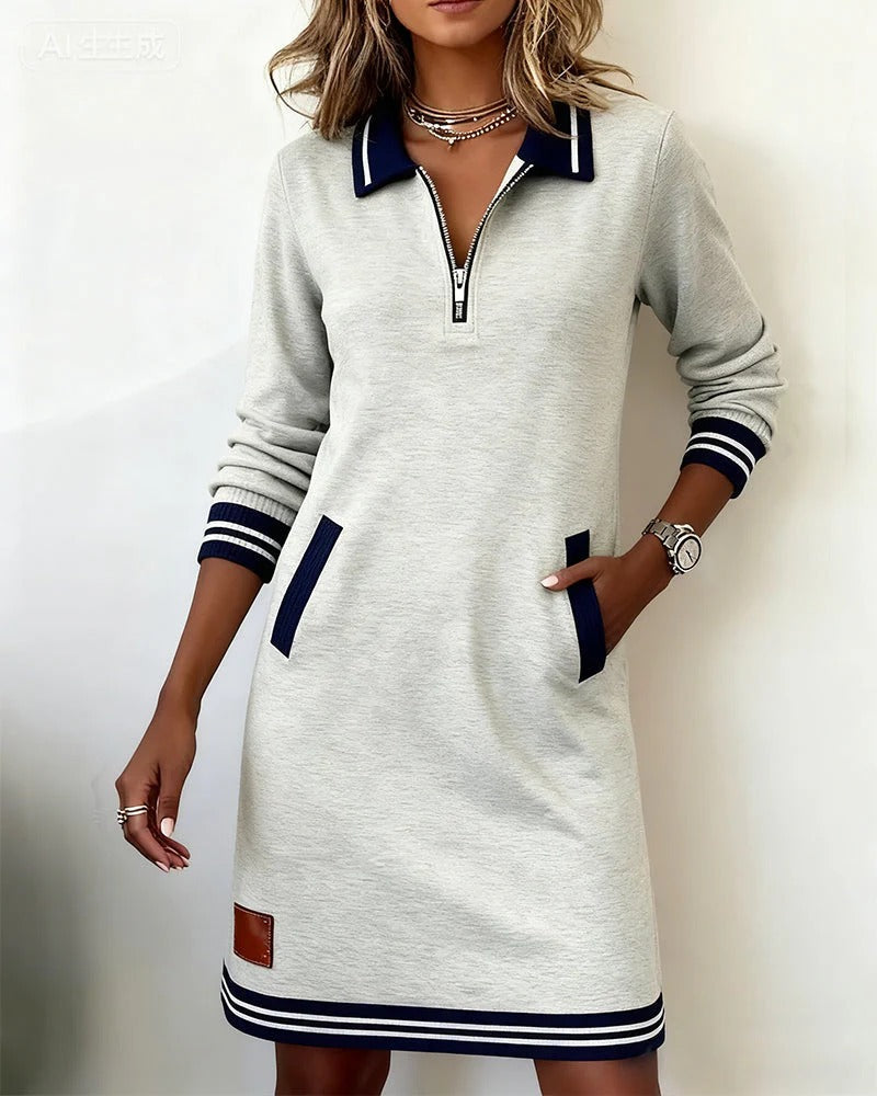 Chic Long Sleeve Cotton Dress in Grey, front view