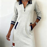 Chic Long Sleeve Cotton Dress in Grey, front view