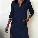 Chic Long Sleeve Cotton Dress in Navy Blue, view 4