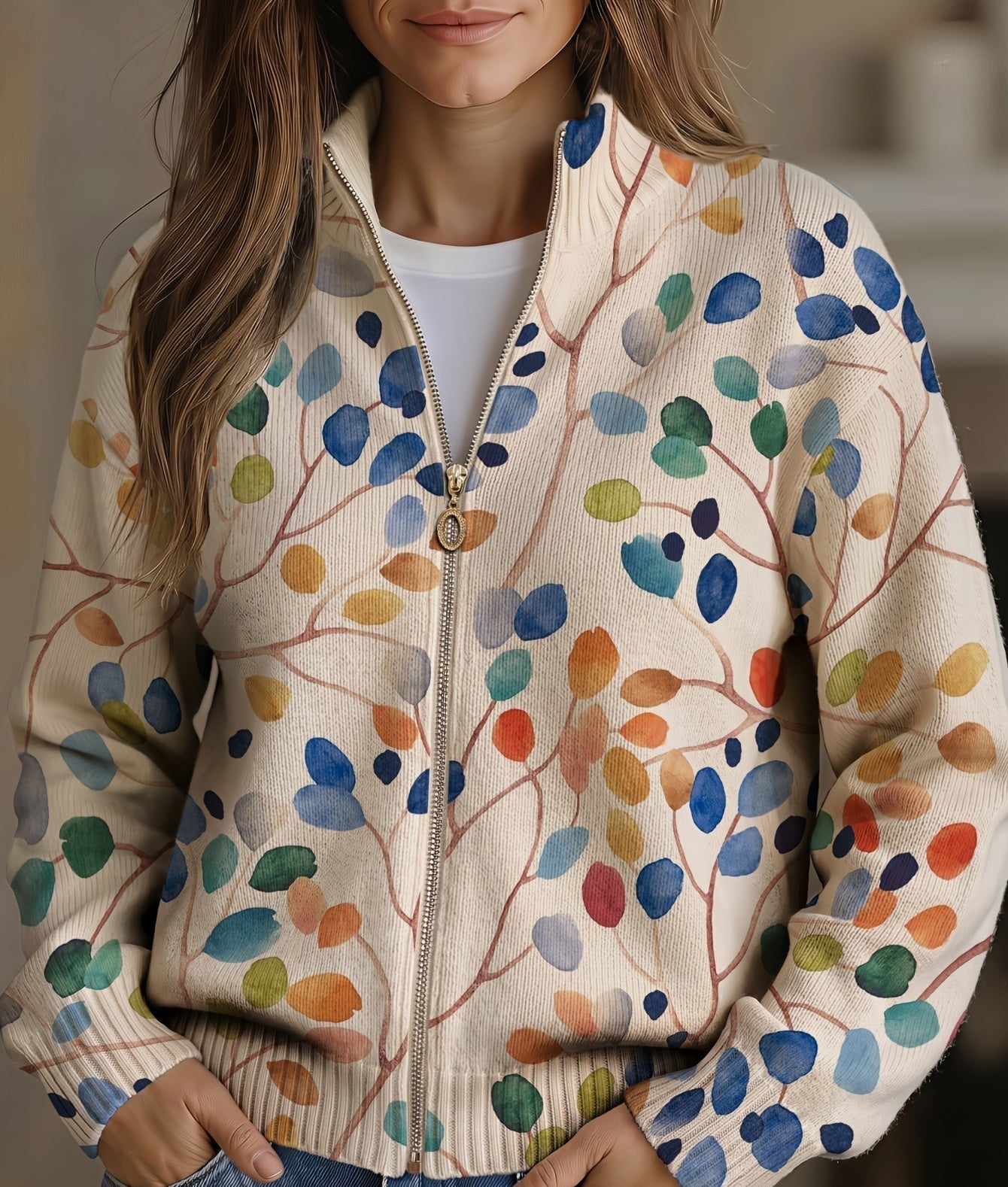 Fiona botanical leaf print zip-up cardigan, front view