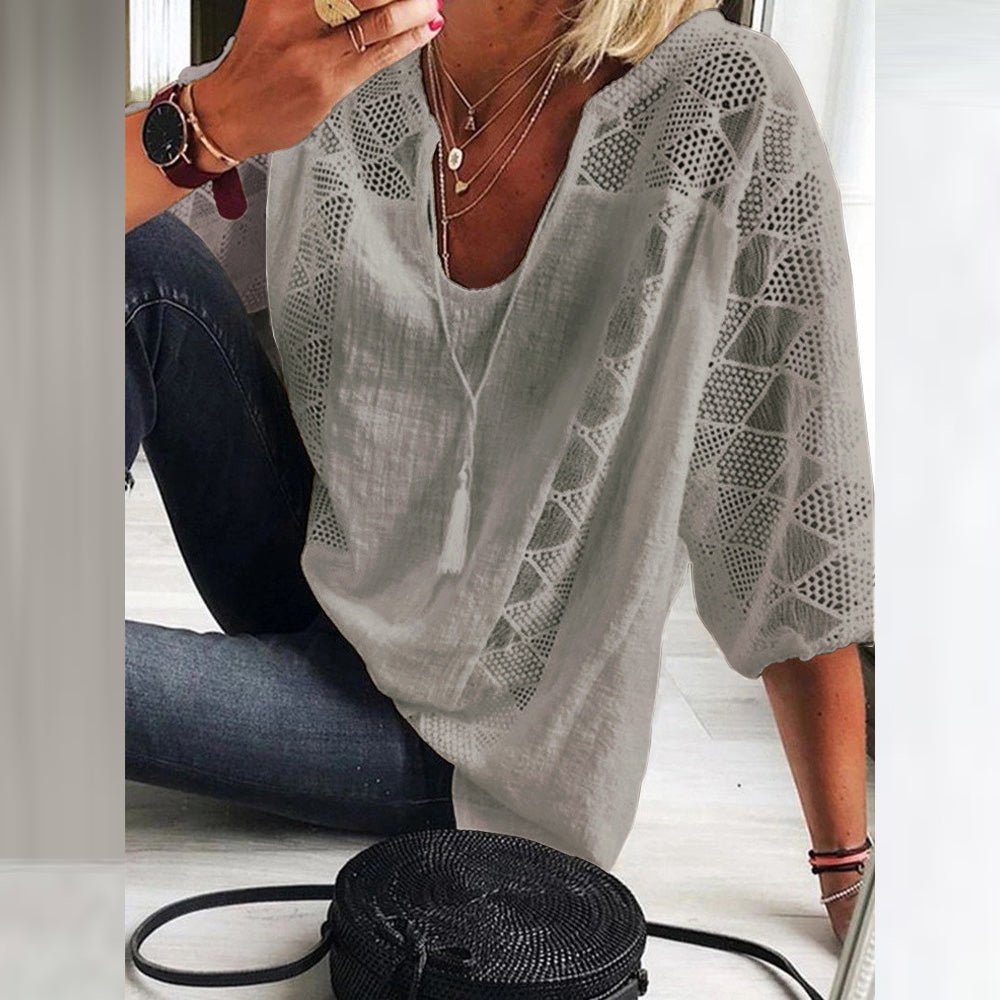 Harper breezy crochet detail blouse in Grey, view 4