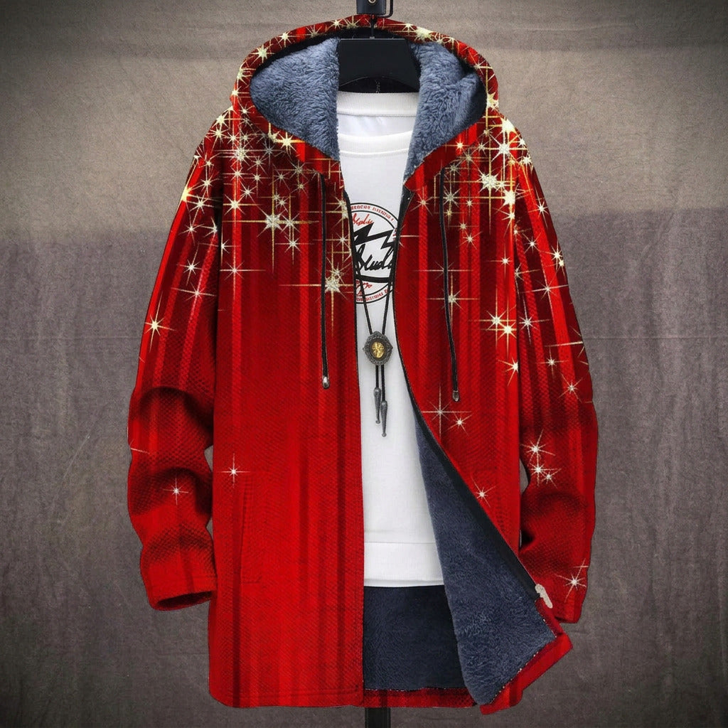 Imogen - Glitter Stars on Red Jacket, front view