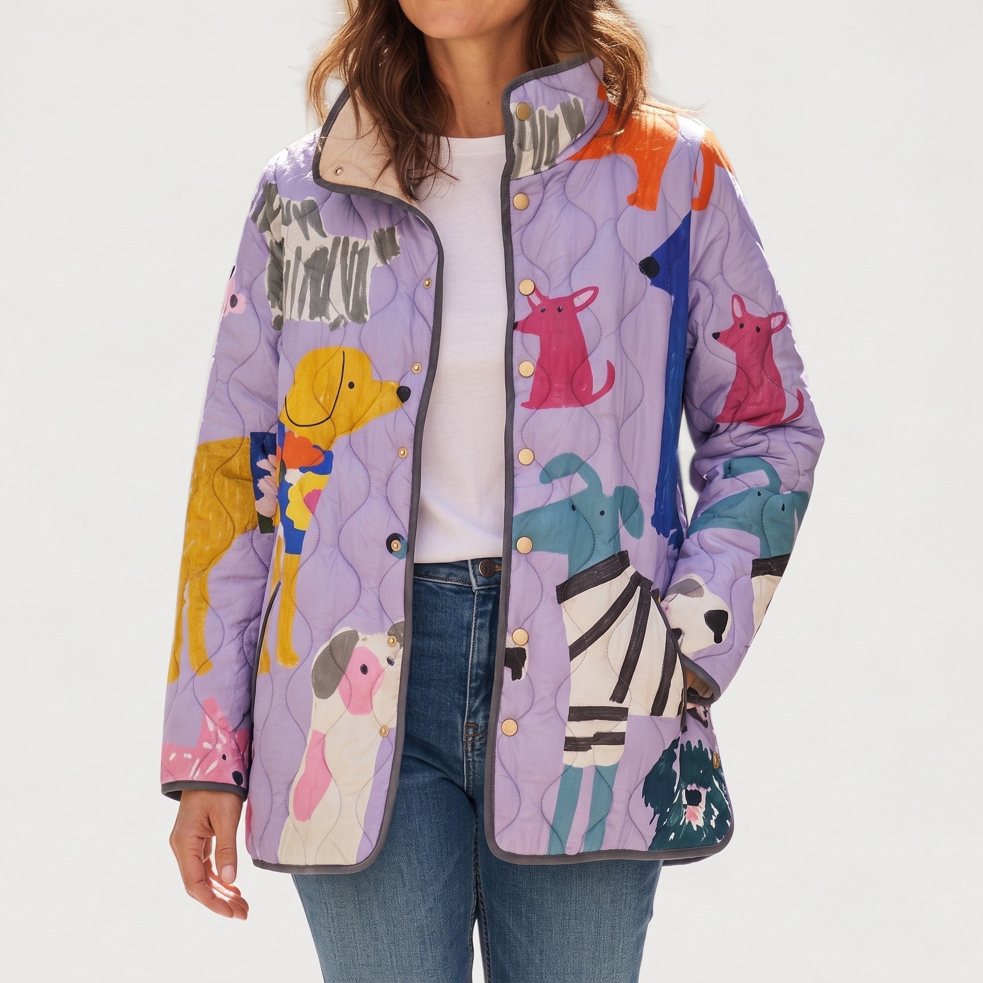 Isla lilac print quilted jacket, front view