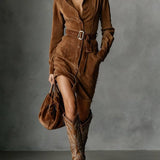 Mila suede shirt dress in Dark Brown, view 2
