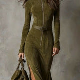Evelyn belted suede zip maxi dress, view 2