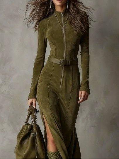 Evelyn belted suede zip maxi dress, view 2