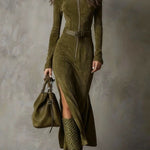 Evelyn belted suede zip maxi dress, front view