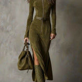 Evelyn belted suede zip maxi dress, front view