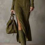 Evelyn belted suede zip maxi dress, view 3