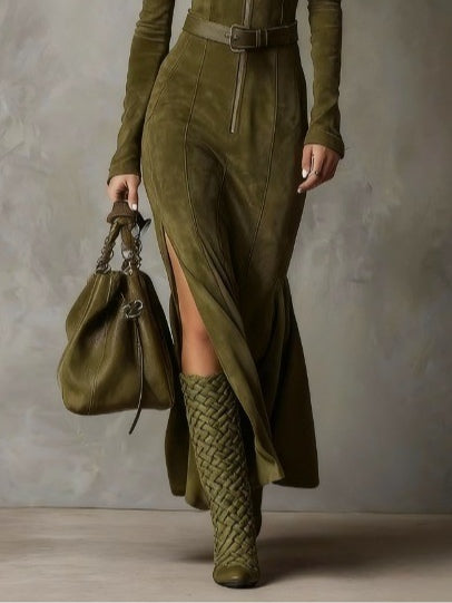 Evelyn belted suede zip maxi dress, view 3