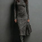 Ava suede look high neck midi dress in Grey, view 2
