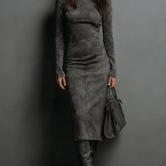 Ava suede look high neck midi dress in Grey, view 2