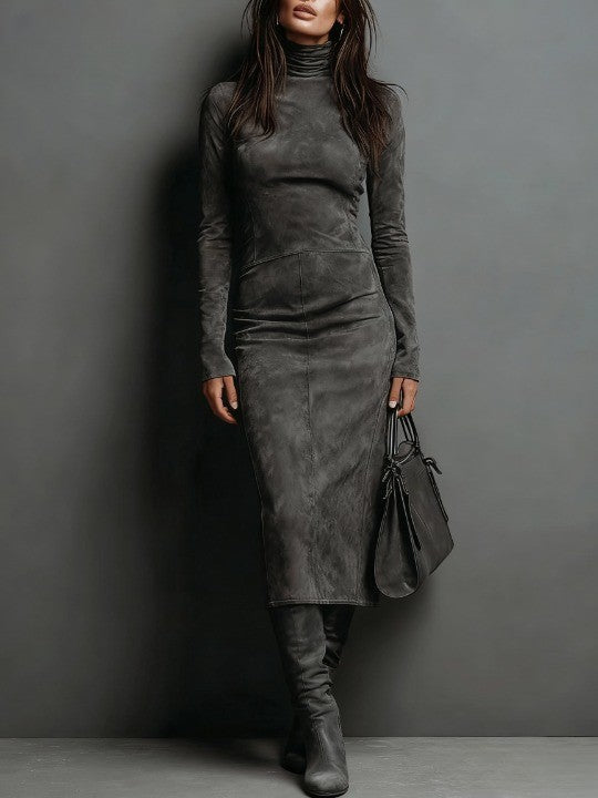 Ava suede look high neck midi dress in Grey, view 2
