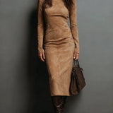 Ava suede look high neck midi dress in Khaki, view 3