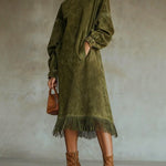 Juniper suede look fringe dress in Green, front view
