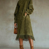 Juniper suede look fringe dress in Green, front view
