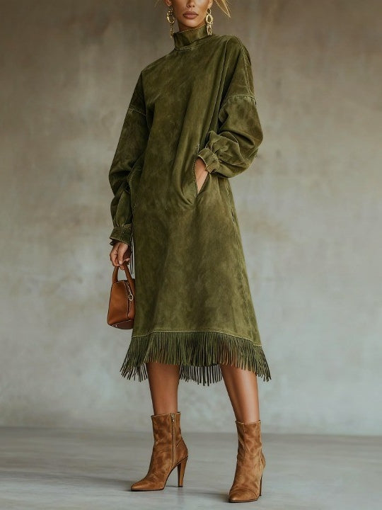 Juniper suede look fringe dress in Green, front view