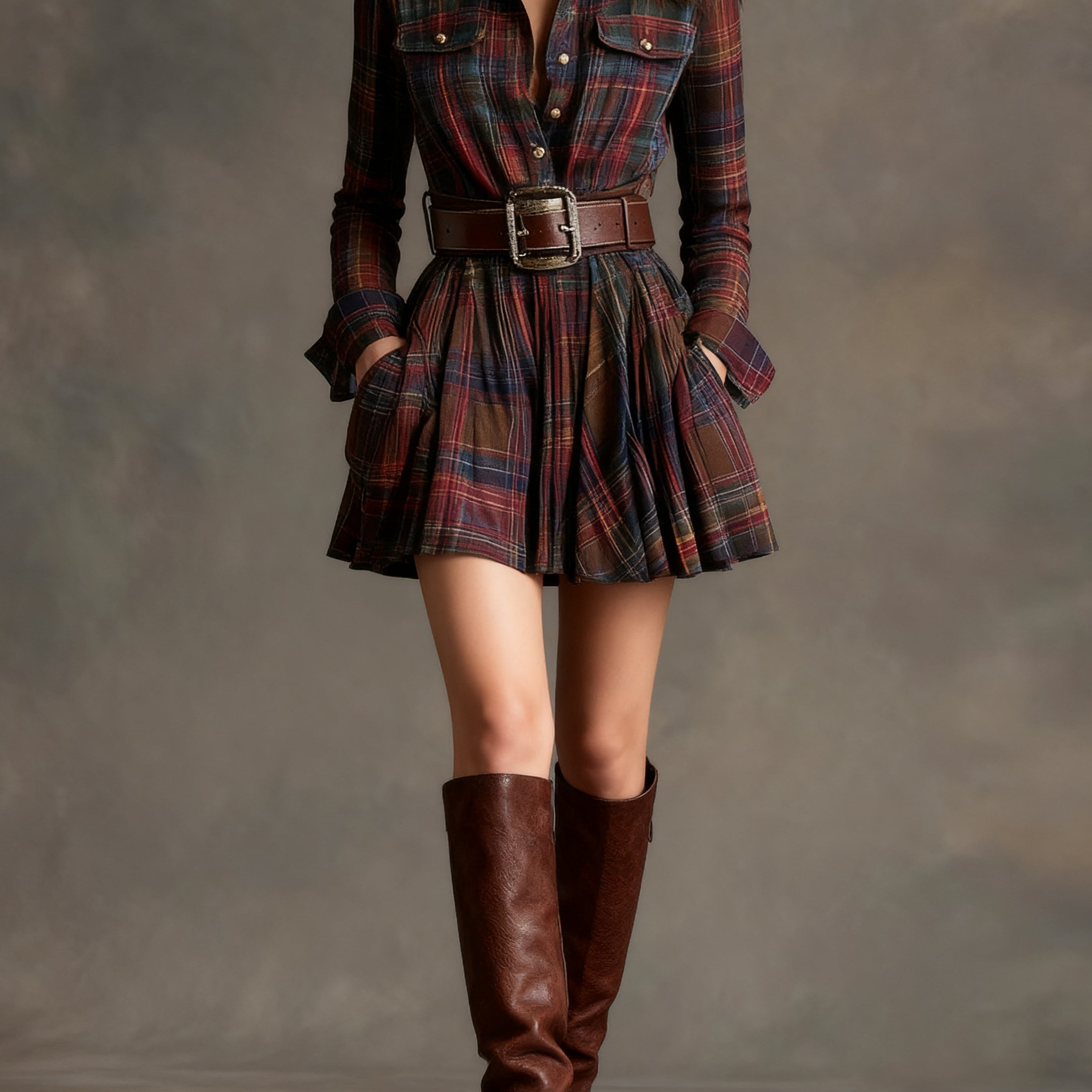 Magdalena check short dress in Red-Brown, front view