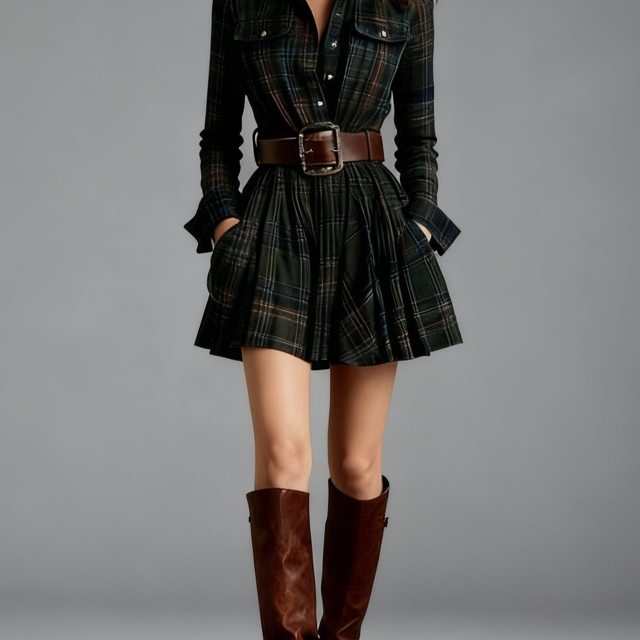 Magdalena check short dress in Dark Green, view 2