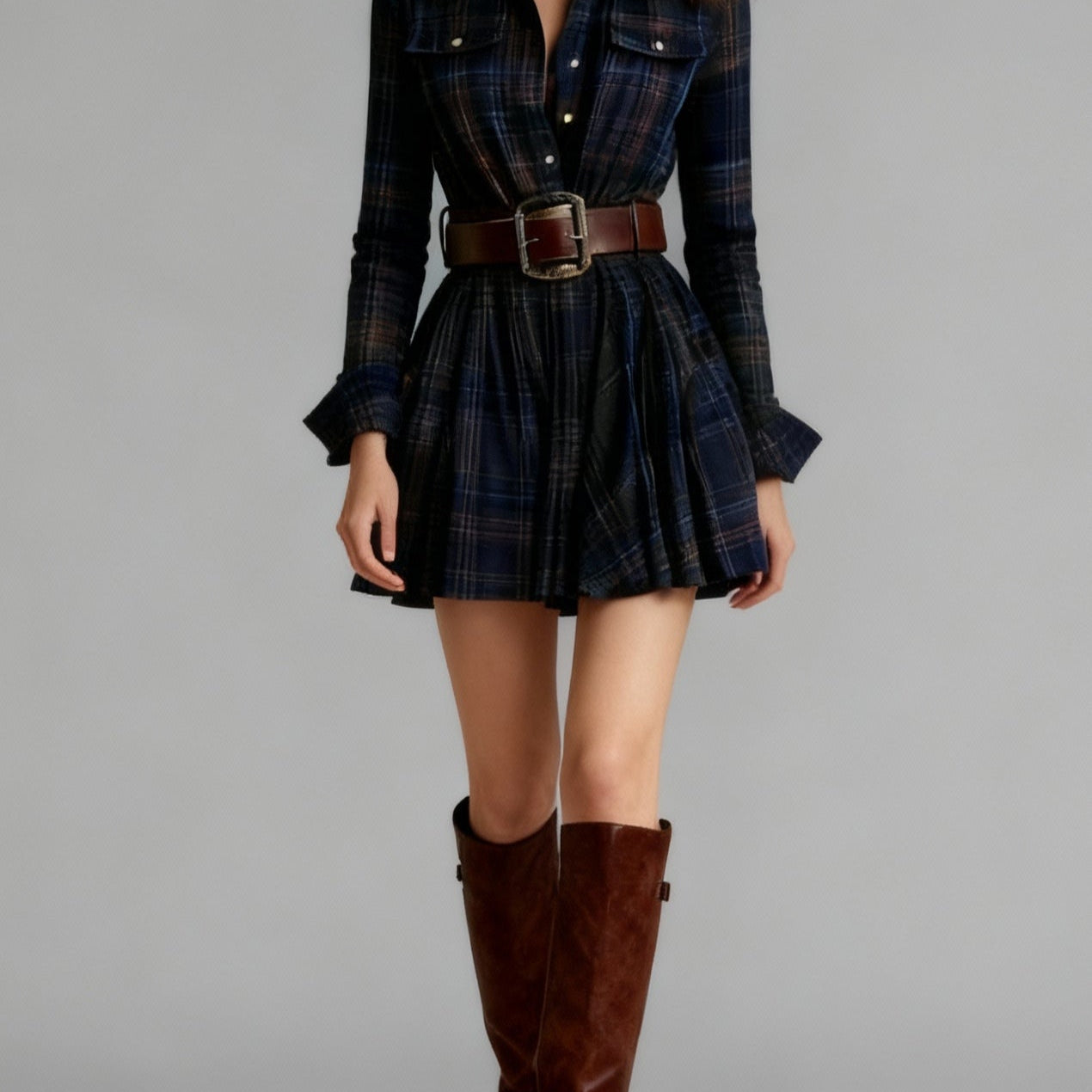 Magdalena check short dress in Dark Blue, view 3