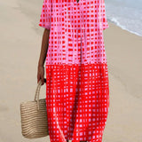 Roosmarijn pink and red checked dress, front view