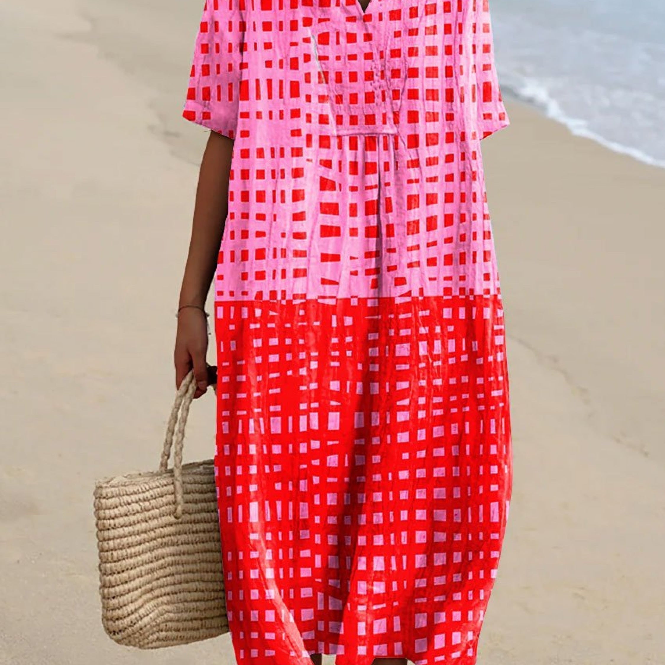 Roosmarijn pink and red checked dress, front view