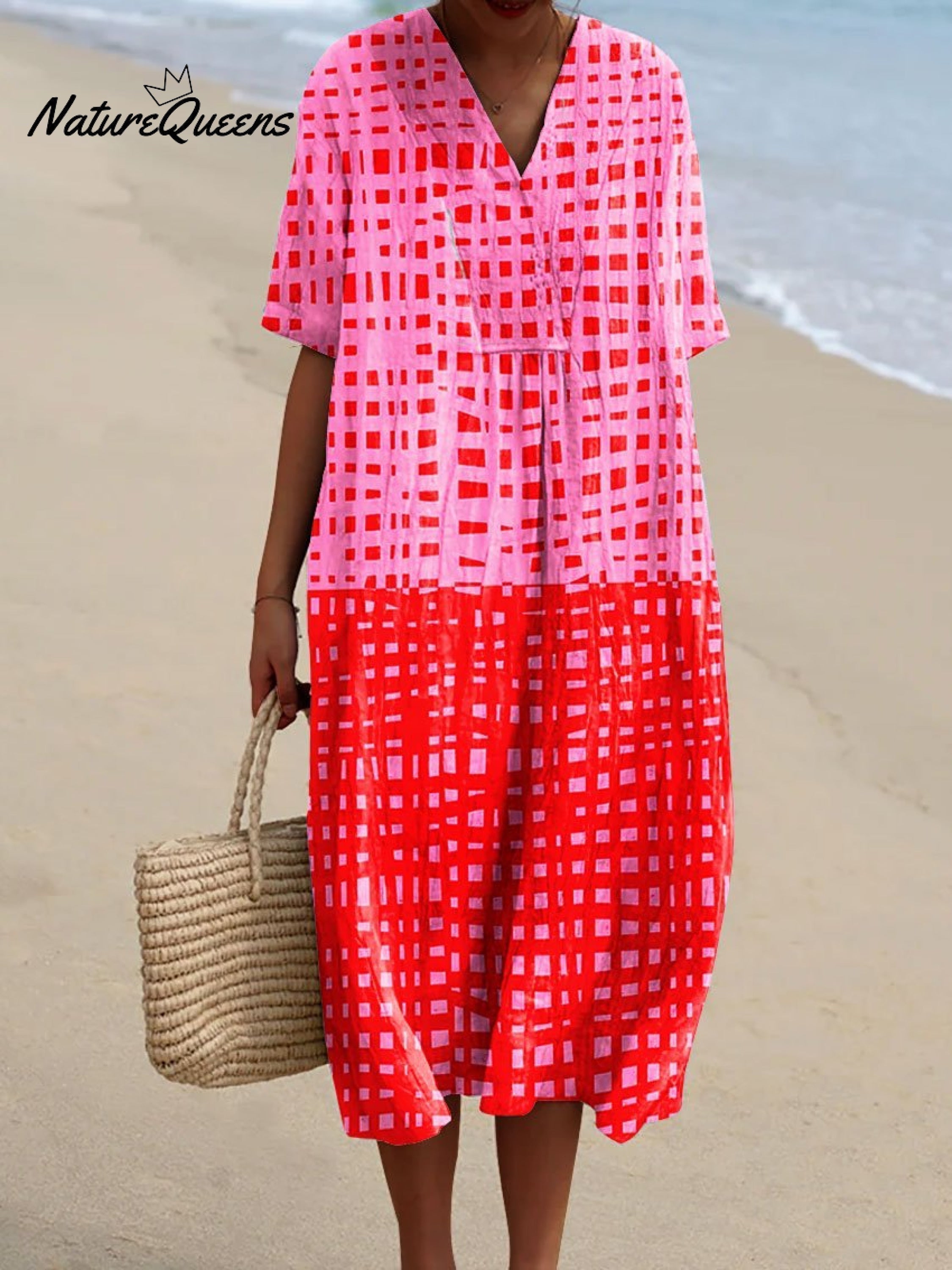 Roosmarijn pink and red checked dress, front view