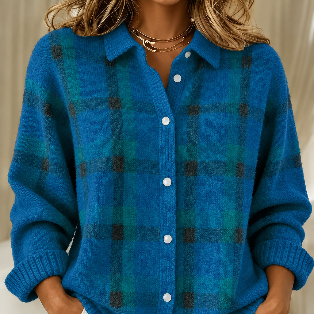 Kelsey blue brushed check knitted jacket, front view