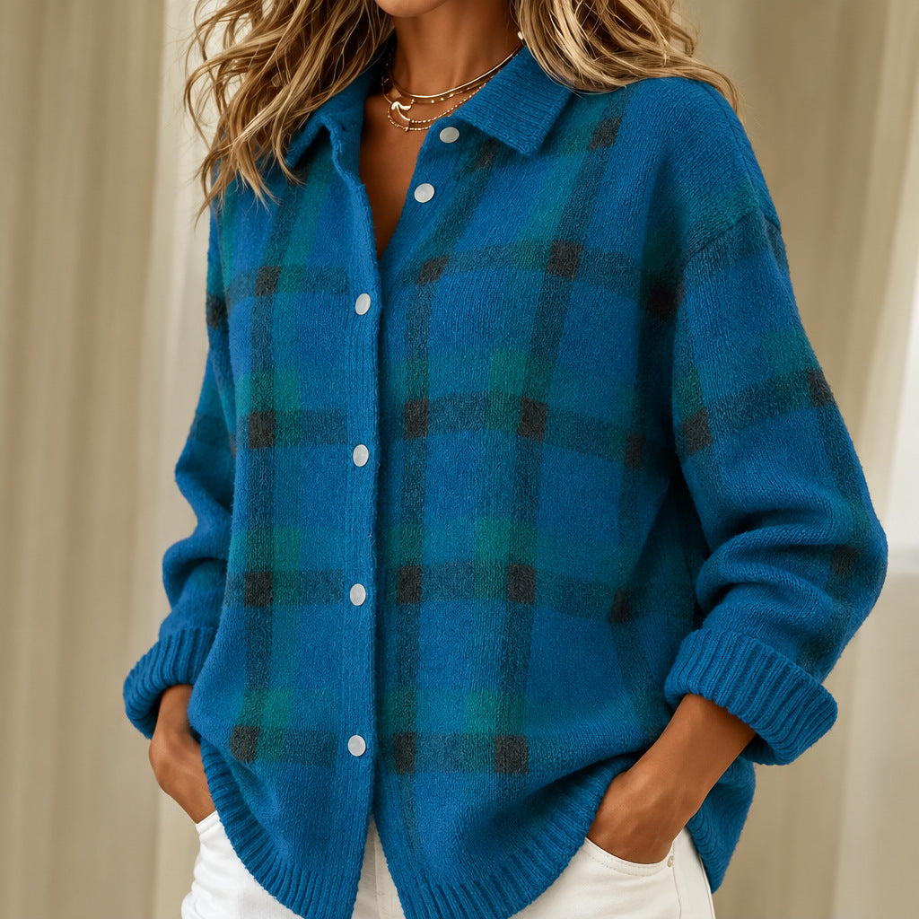 Kelsey blue brushed check knitted jacket, view 2