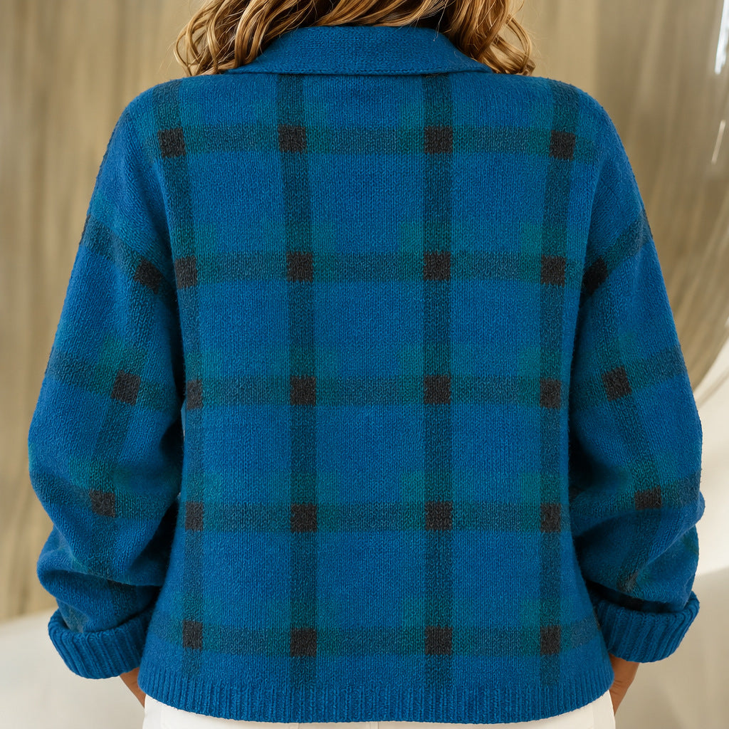 Kelsey blue brushed check knitted jacket, view 3