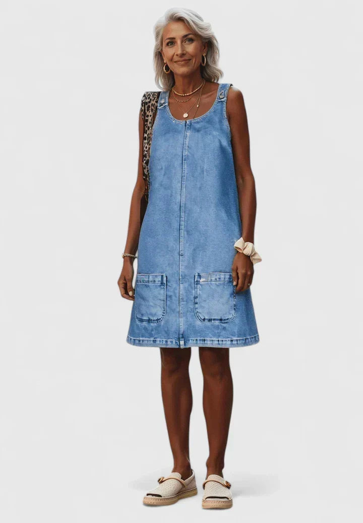 Zarisse denim look pinafore midi dress in Blue, front view