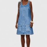 Zarisse denim look pinafore midi dress in Blue, front view