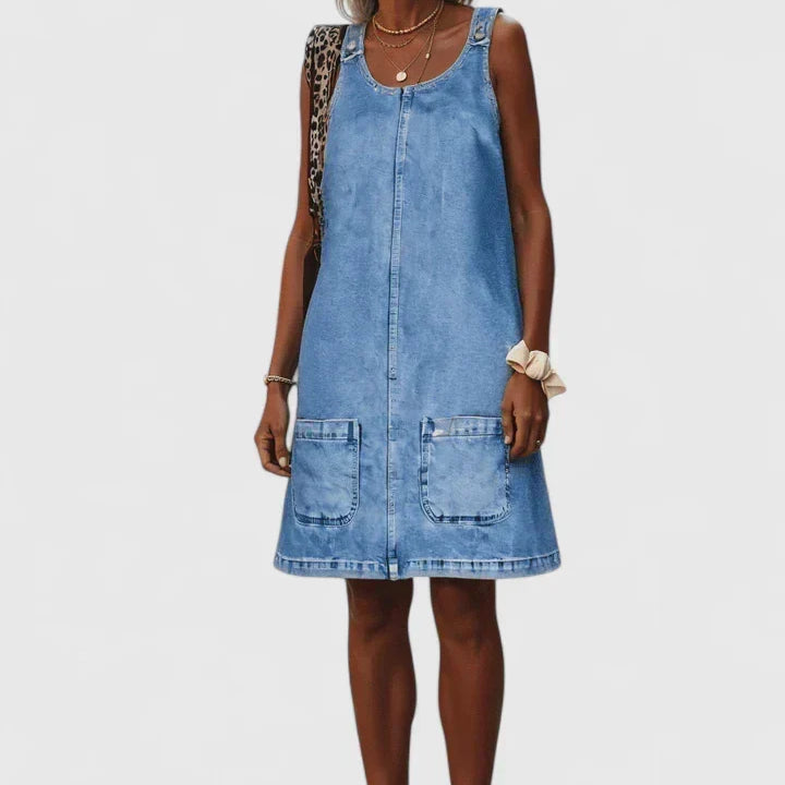 Zarisse denim look pinafore midi dress in Blue, front view