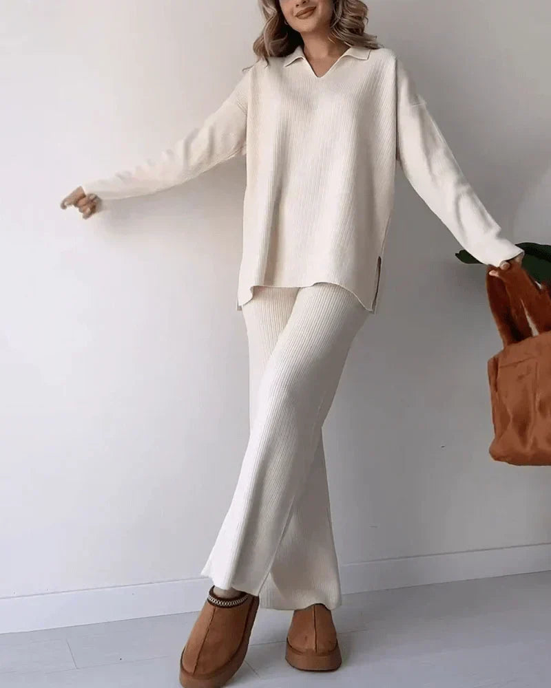 Serene elegant knit two-piece set in Apricot, front view