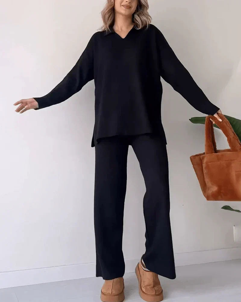 Serene elegant knit two-piece set in Black, view 2