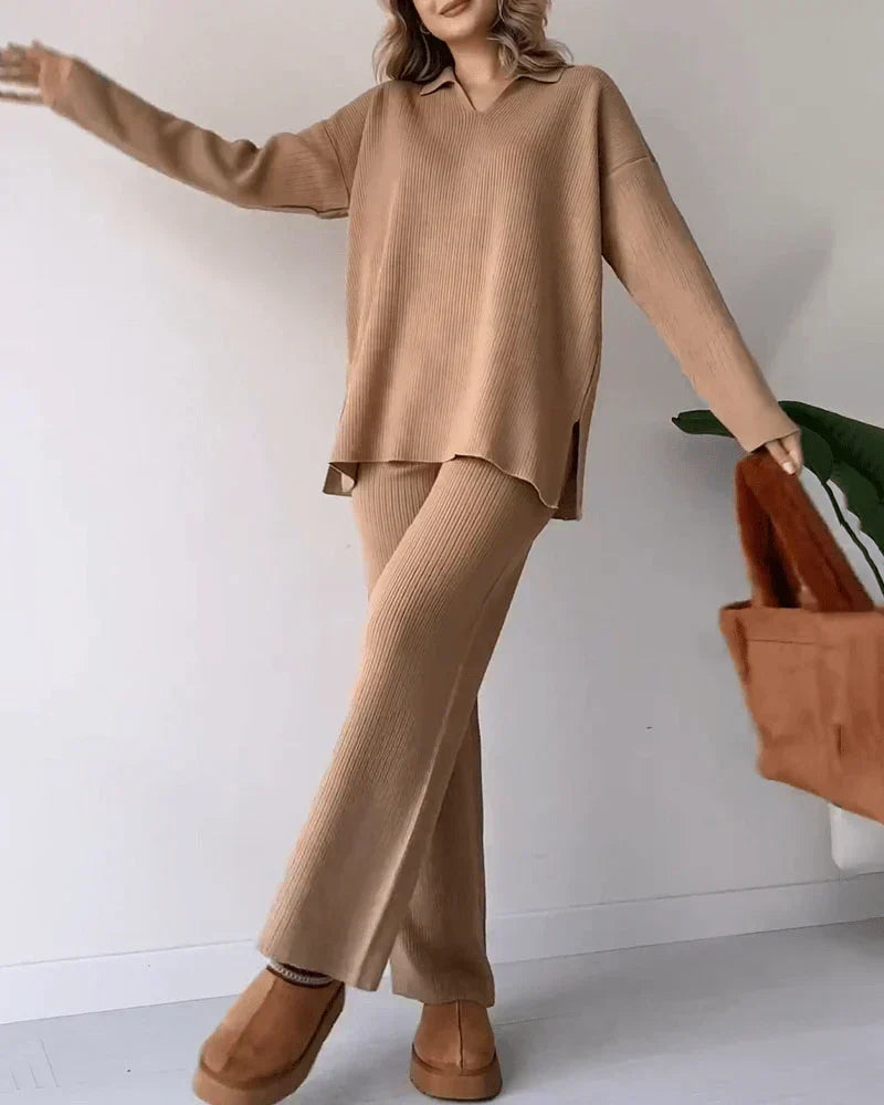 Serene elegant knit two-piece set in Khaki, view 3