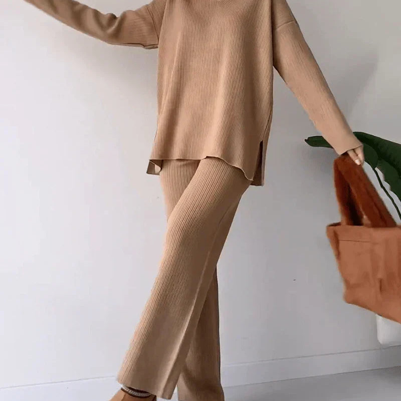 Serene elegant knit two-piece set in Khaki, view 3