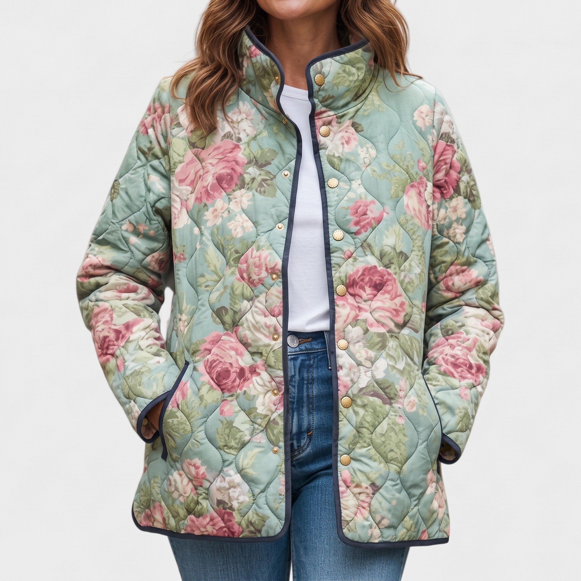 Matilda mint rose quilted jacket, front view