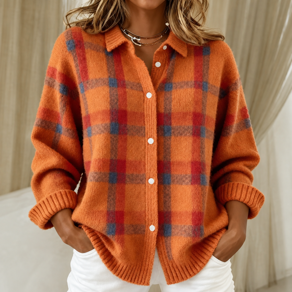 Megan orange checked knitted jacket, front view