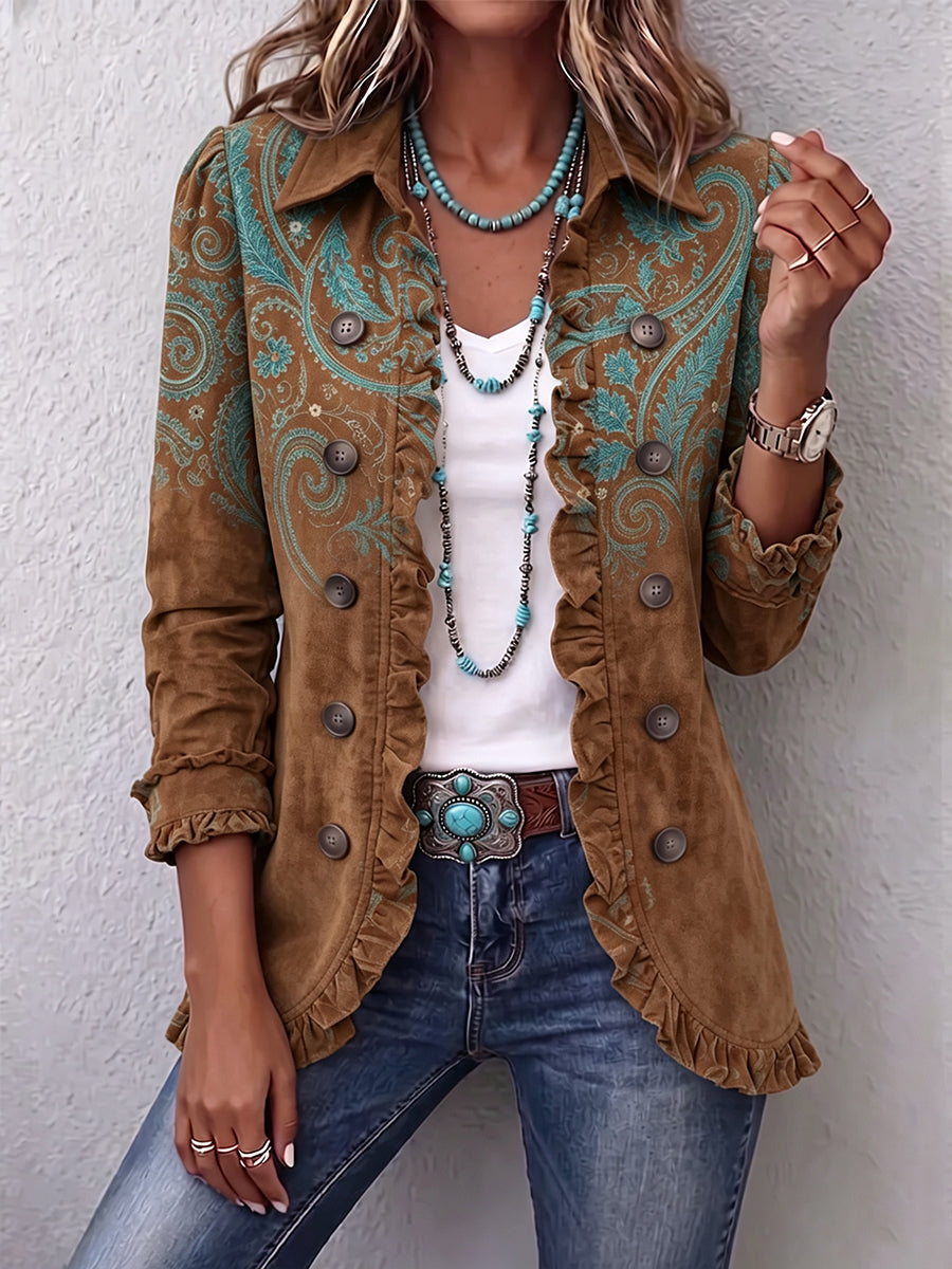 Grace caramel and teal paisley jacket in Brown, front view