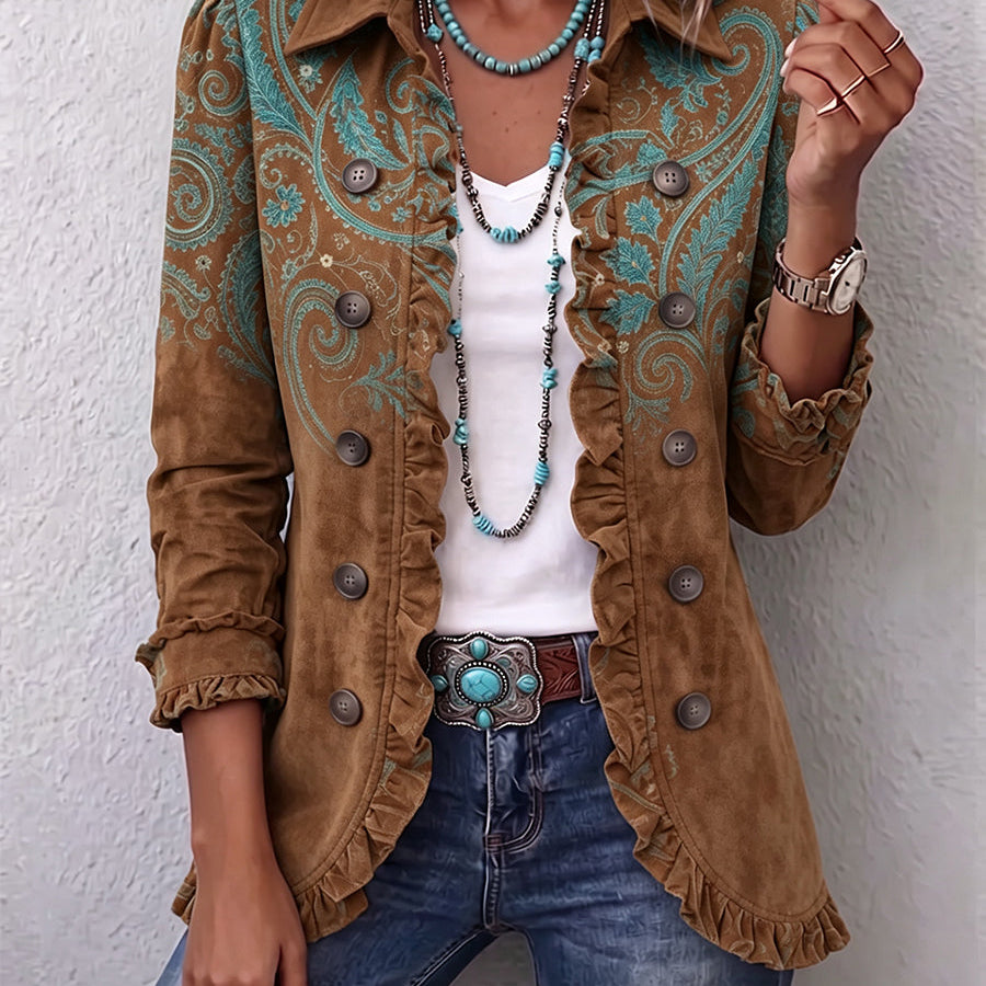 Grace caramel and teal paisley jacket in Brown, front view