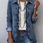Amelia blue denim ruffle jacket in Medium Blue, front view