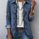 Amelia blue denim ruffle jacket in Medium Blue, front view