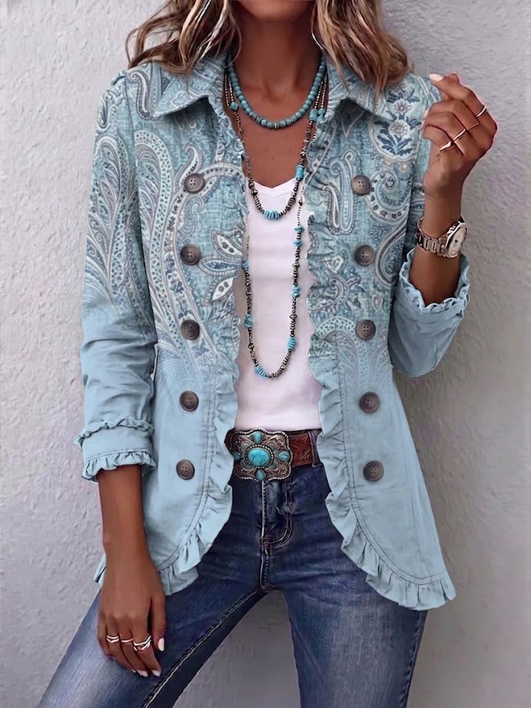 Isabella pale blue paisley ruffle jacket in Sky Blue, front view