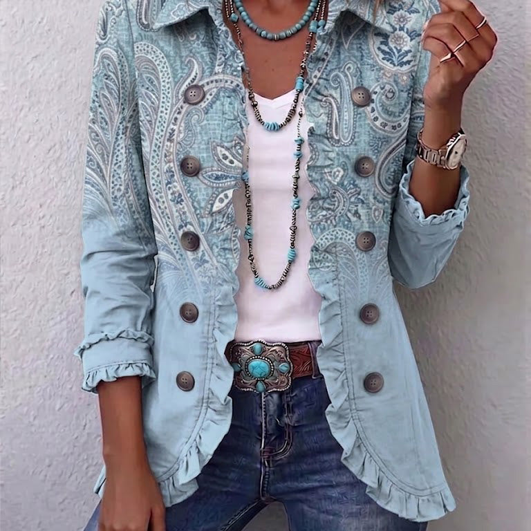 Isabella pale blue paisley ruffle jacket in Sky Blue, front view